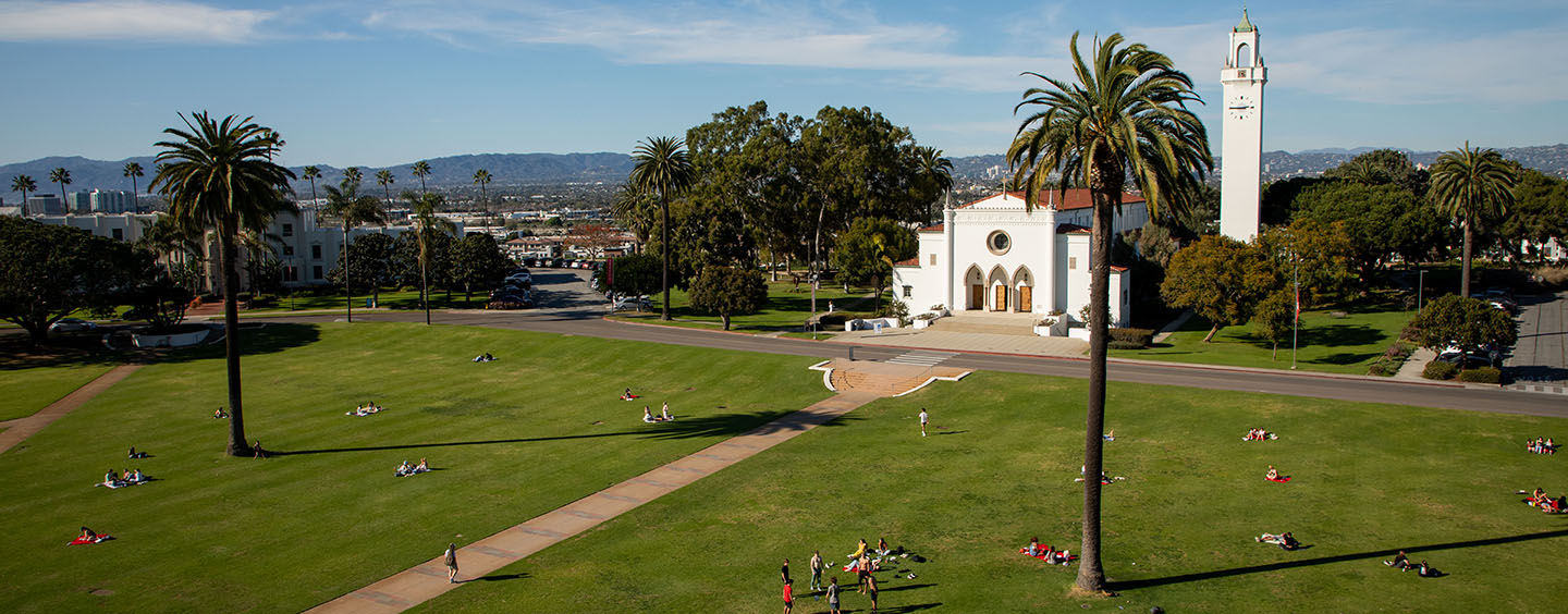 Aerial view of campus with chapel and sunken garden